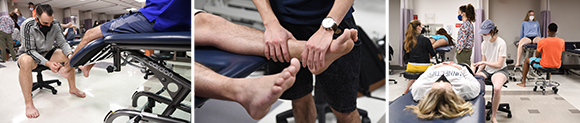 trio of images - all of students practicing physical therapy on classmates and examining ankles